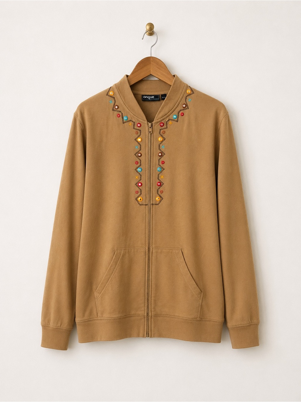 Onque Woman Embroidered Mirror Work Zip Jacket El Mirage Shearling Tan 1X EUC